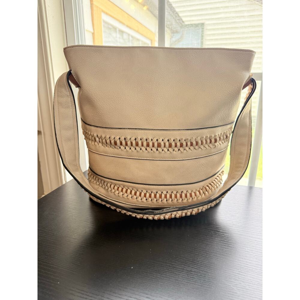 Gussaci Cream Faux Leather Woven Detail Hobo Shoulder Bag Boho Large Tote Zip - Picture 3 of 16